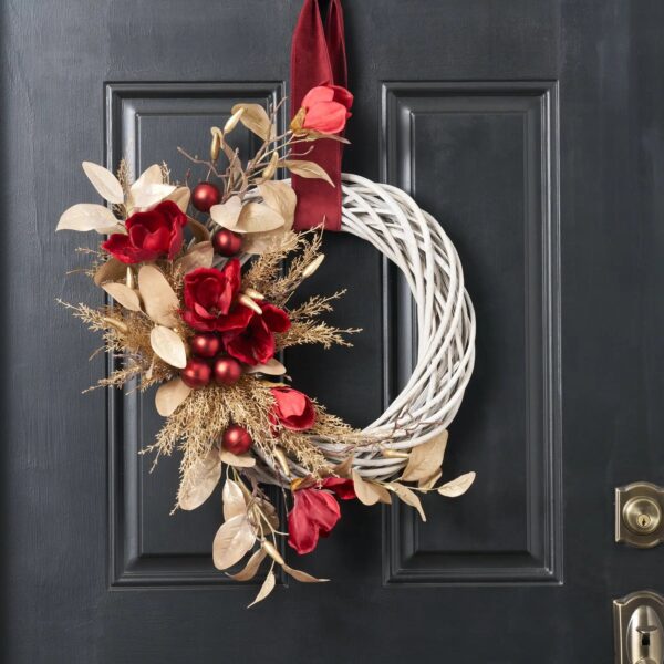 Wine Magnolia and Gold Cedar Front Door Woven Wicker Velvet Ribbon