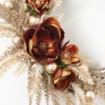 Close-up of blooms and berries on this Bronzed Copper Poppy and Magnolia Velvet Ribbon