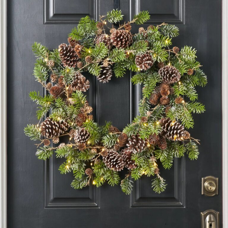Snowy Norway Spruce and Pinecone Winter Christmas Front Door Wreath with Unlit or Pre