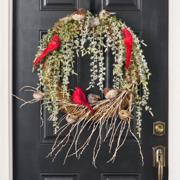 Feathered Friends - Snow Covered Draping Pine and Snow Birds Holiday Wreath - Frosted