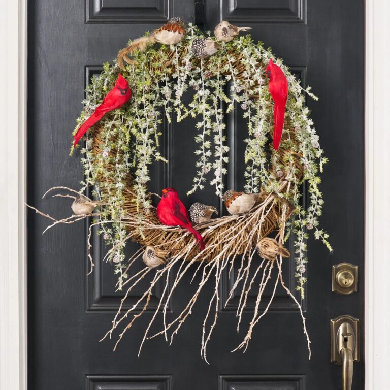 Feathered Friends - Snow Covered Draping Pine and Snow Birds Holiday Wreath - Frosted