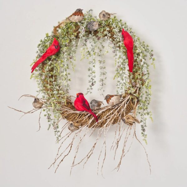 Close-up of blooms and berries on this Feathered Friends - Snow Covered Birds Holiday Wreath