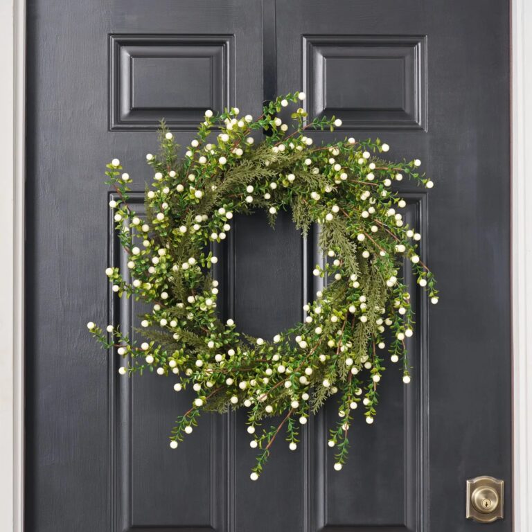 Cream White Berry and Boxwood Cedar Greenery Winter Berry Front Door Wreath - Green and