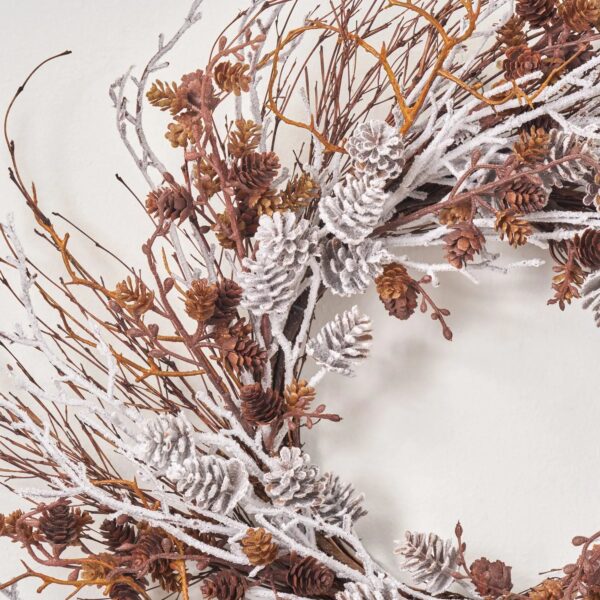 Close-up of blooms and berries on this Rustic Pinecone and Twig Wispy Front Door Wreath
