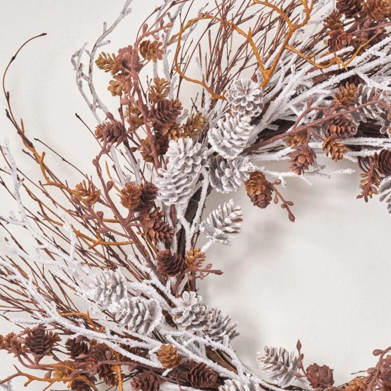 Close-up of blooms and berries on this Rustic Pinecone and Twig Wispy Front Door Wreath