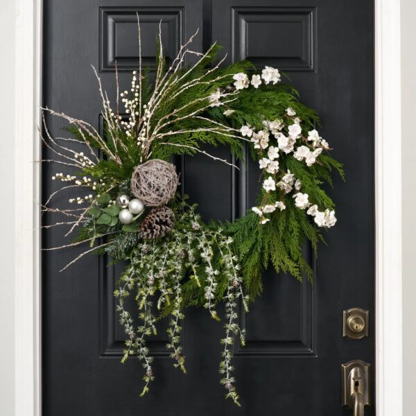 White Winter Whimsy - Snow Branch Pine, White Cherry Front Door Wreath