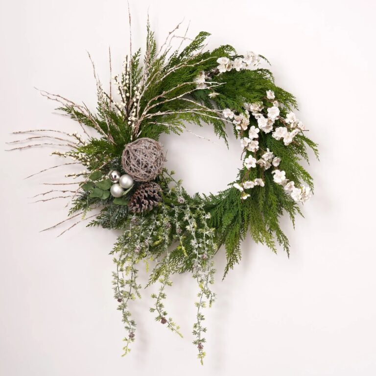 Close-up of blooms and berries on this White Winter Whimsy - Snow Front Door Wreath