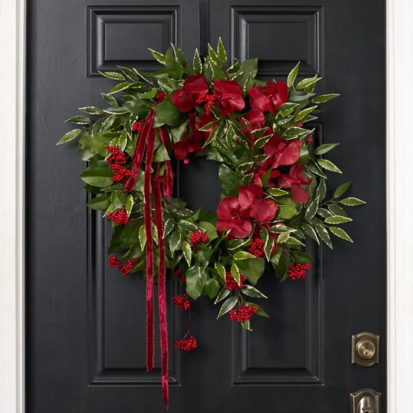 Holiday Orchid Noel - Burgundy Phalaenopsis, Red Cluster Berry Front Door Wreath - Red and