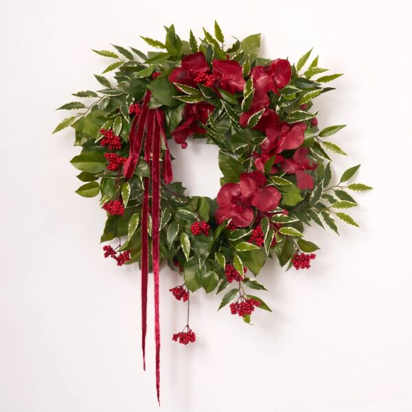 Close-up of blooms and berries on this Holiday Orchid Noel - Burgundy Front Door Wreath