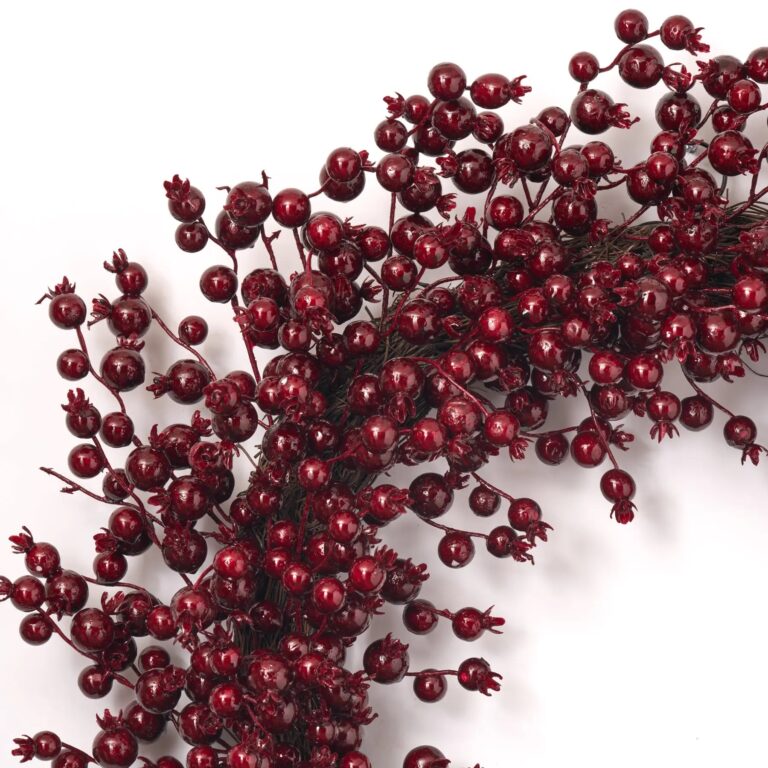 Close-up of blooms and berries on this Waterproof Deep Burgundy Red Berry Front Door Wreath