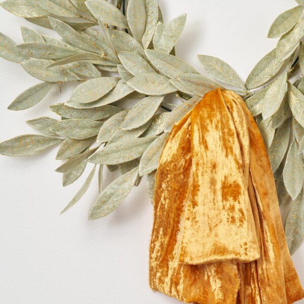 Close-up of blooms and berries on this Sage Green Gold Large Brushed Drape Loop Bow