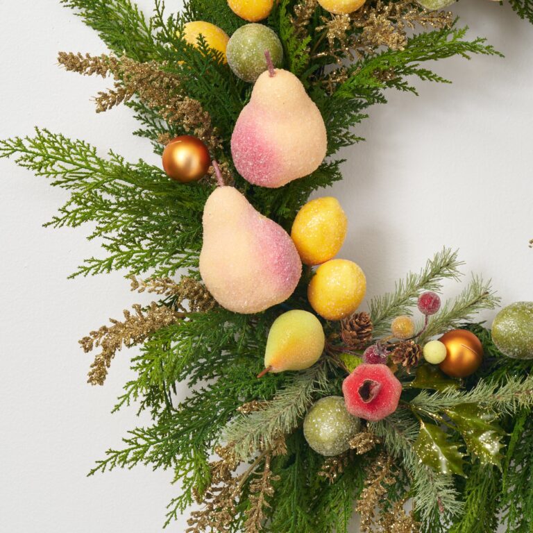 Close-up of blooms and berries on this Amalfi Frost - Sugar Glitter Front Door Wreath