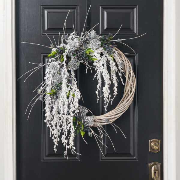Blue Winter Frost - White Dripping Cedar, Glitter Birch Front Door Wreath - 28 inch