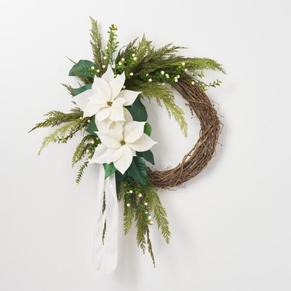 Close-up of blooms and berries on this Lifelike White Poinsettia, Real Touch Holiday Asymmetrical Wreath