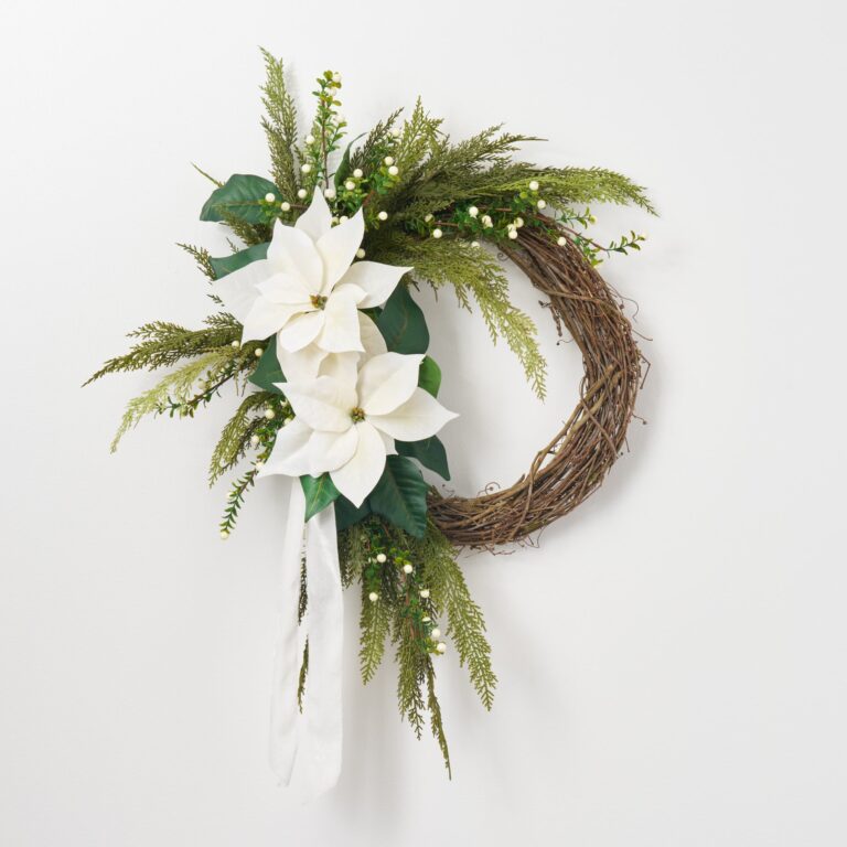 Close-up of blooms and berries on this Lifelike White Poinsettia, Real Touch Holiday Asymmetrical Wreath