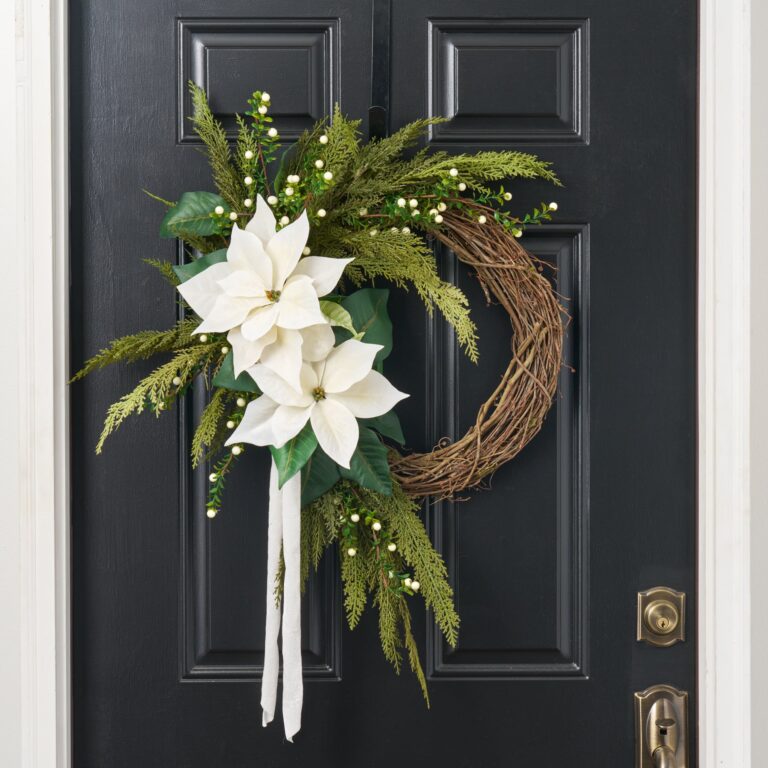 Lifelike White Poinsettia, Real Touch Cedar, Boxwood and Cream Holiday Asymmetrical Wreath - 28 inch