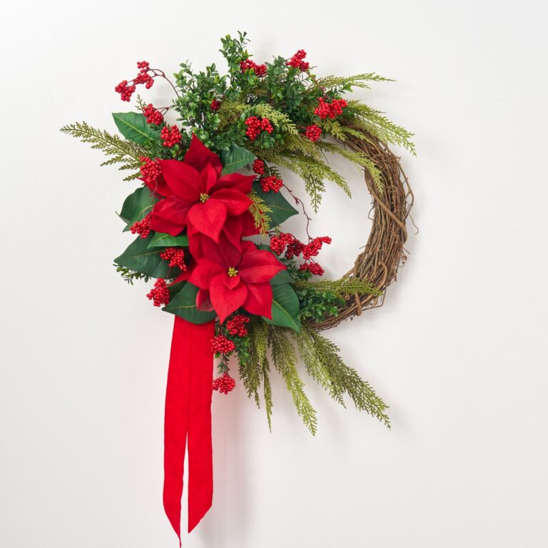 Lifelike Red Poinsettia, Real Touch Cedar, Boxwood and Wild Christmas Holiday Wreath - 28 inch