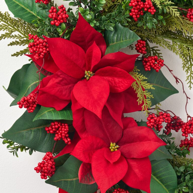 Close-up of blooms and berries on this Lifelike Red Poinsettia, Real Touch Christmas Holiday Wreath
