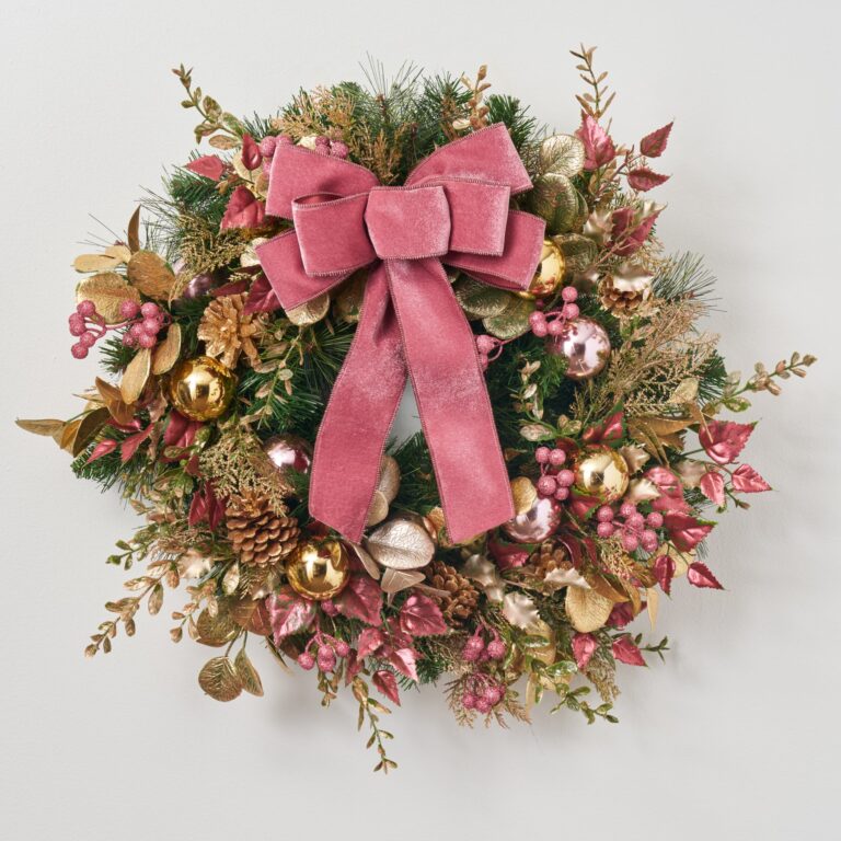 Merry Mauve Noel - Gold Glitter Eucalyptus, Boxwood, Metallic Front Door Wreath - 24 inch