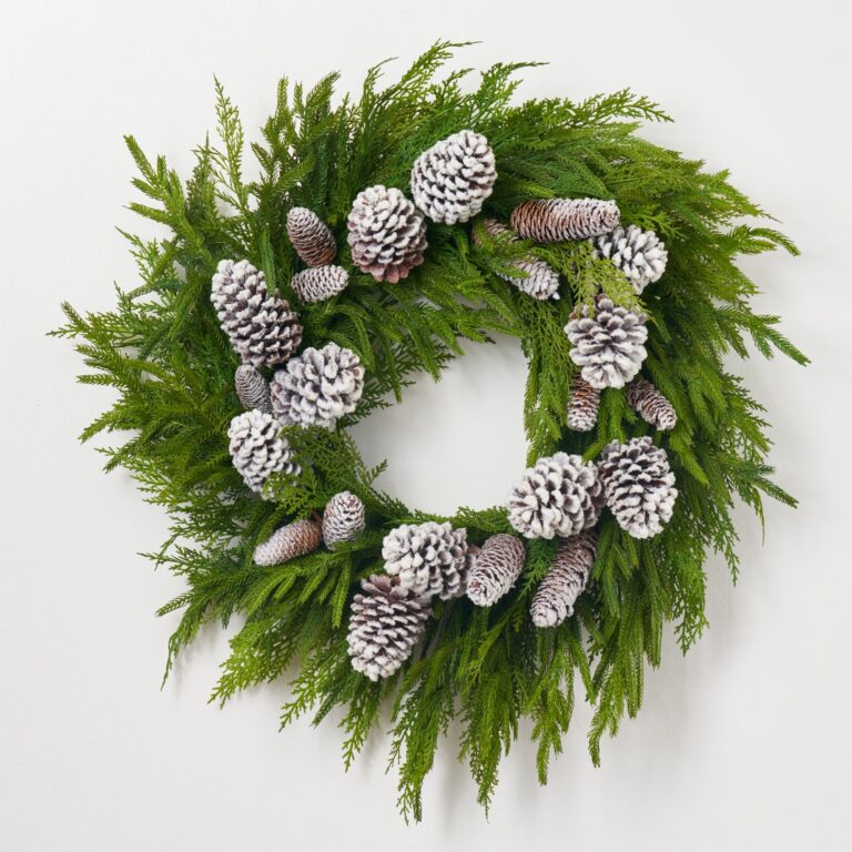 Deluxe Cypress and Norfolk Winter Greenery with Snowy Pinecones Door Holiday Wreath - 26 inch