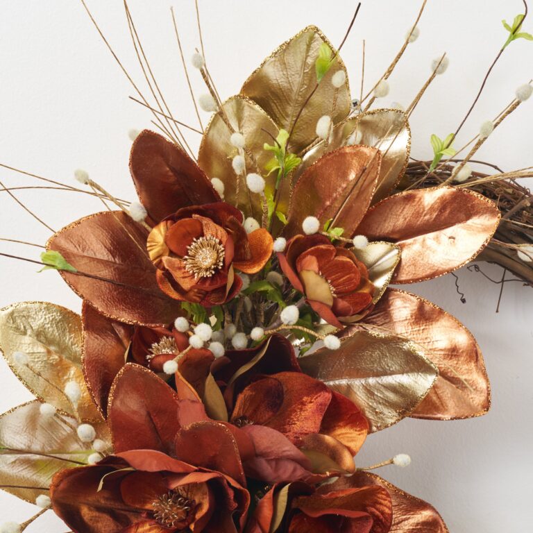 Close-up of blooms and berries on this Midas Magnolia - Bronze Front Door Wreath