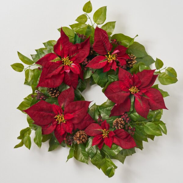 Lifelike Burgundy Dark Red Poinsettia, Mini Pinecone and Real Front Door Wreath - 24 inch