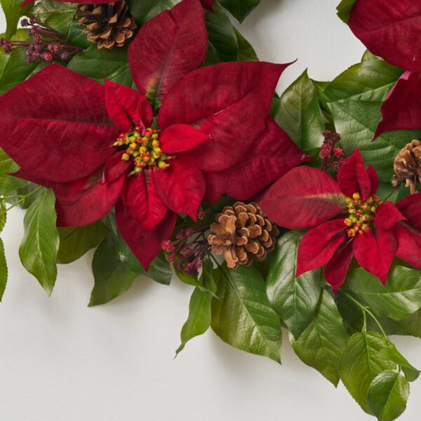 Close-up of blooms and berries on this Lifelike Burgundy Dark Red Poinsettia, Front Door Wreath