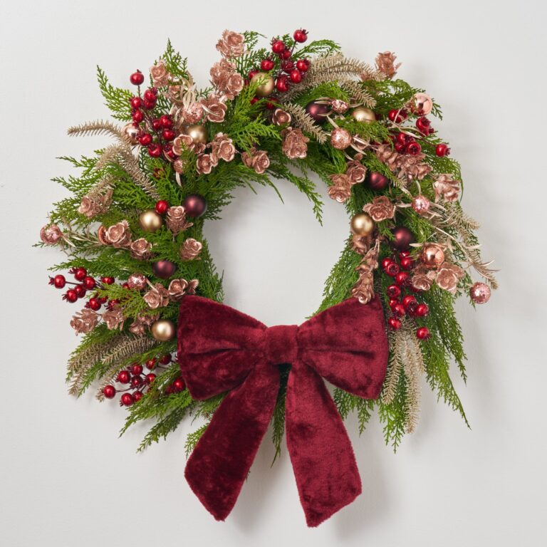 Plush and Blush - Pink Metallic Mini Rose, Burgundy Front Door Wreath - 26 inch