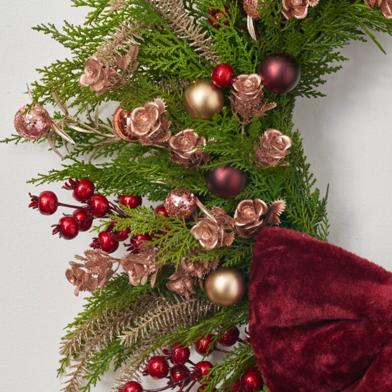 Close-up of blooms and berries on this Plush and Blush - Pink Front Door Wreath