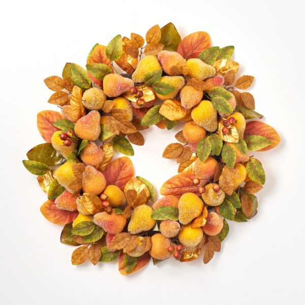 Close-up of blooms and berries on this Sugared Beaded Golden Yellow Front Door Wreath