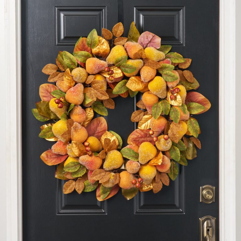 Sugared Beaded Golden Yellow and Orange Pears with Burgundy Front Door Wreath - 28 inch
