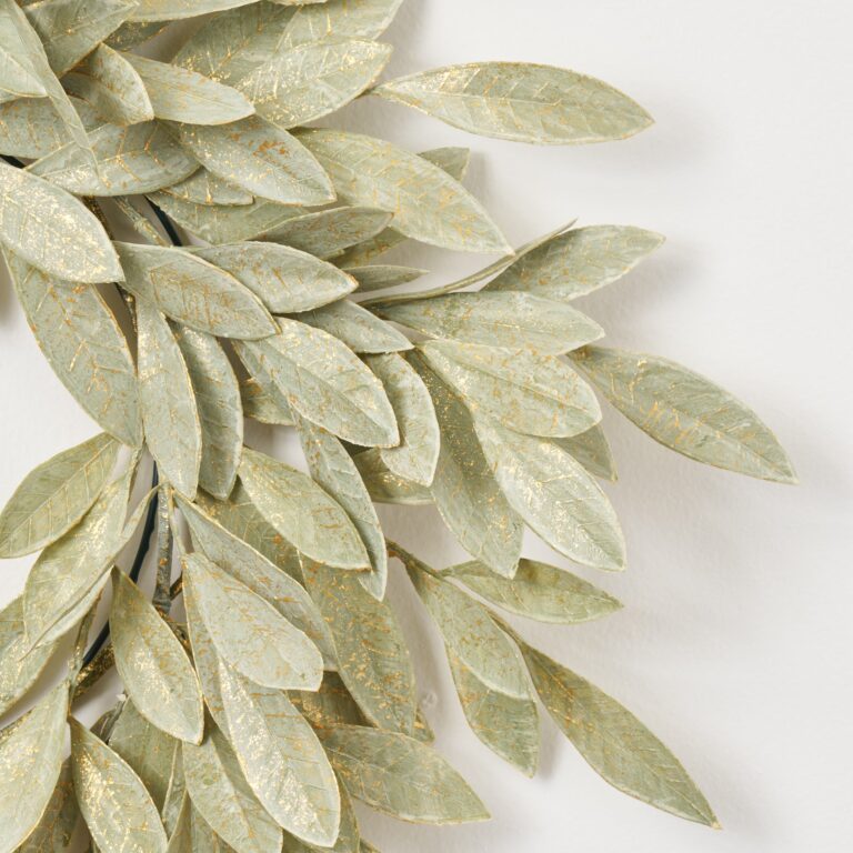 Close-up of blooms and berries on this Sage Green Gold Large Brushed Front Door Wreath