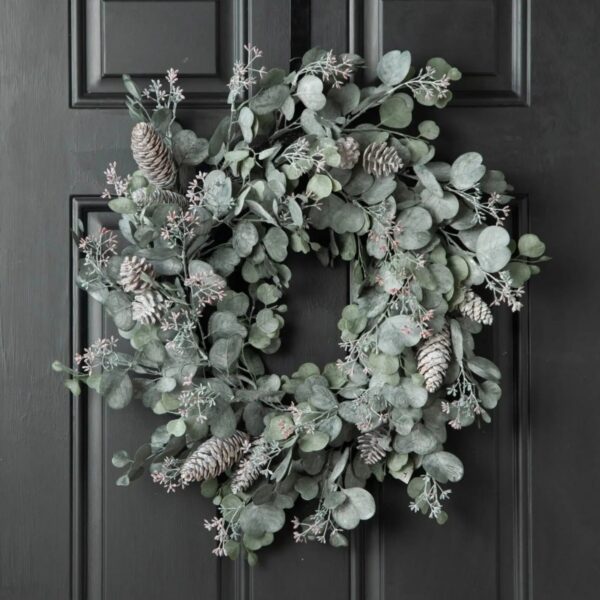 Candlelit Evenings - Faux Dusty Green Silver Dollar Eucalyptus Door Winter Wreath - Gray