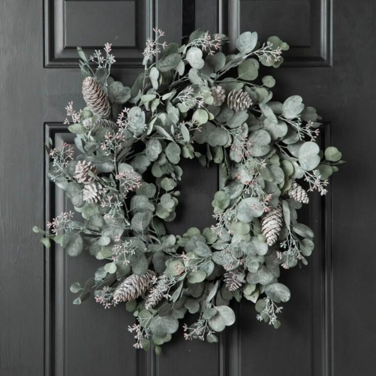 Candlelit Evenings - Faux Dusty Green Silver Dollar Eucalyptus Door Winter Wreath - Gray