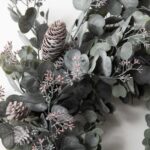 Detail view of layered greenery detail from the Candlelit Evenings - Faux Dusty Door Winter