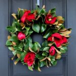 Classic Christmas Real Touch Red Magnolia Blooms, Buds, and Leaf Front Door Holiday Wreath