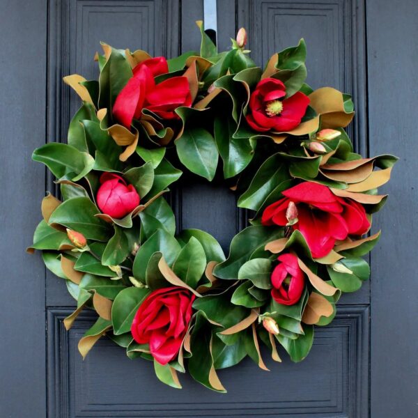 Classic Christmas Real Touch Red Magnolia Blooms, Buds, and Leaf Front Door Holiday Wreath