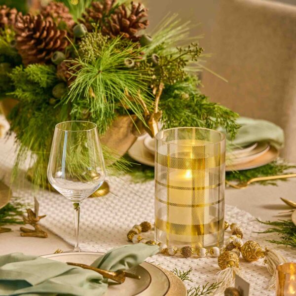 Close-up of vase silhouette detail on this Gold Plaid Pattern Embossed Clear Glass Holiday Vase