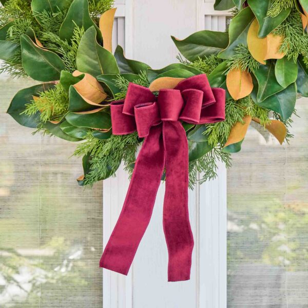 Close-up of blooms and berries on this Burgundy Red Garnet Taffeta Wire Drape Loop Bow