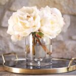 Alternate angle of the Cream Real Touch Peony Floral Clear Glass Vase showing bloom arrangement