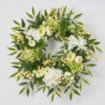 Detail view of layered greenery detail from the Cream and Green Hydrangea, Ranunculus, Front Door