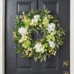 Side view of the Cream and Green Hydrangea, Ranunculus, Front Door Wreath revealing frame and