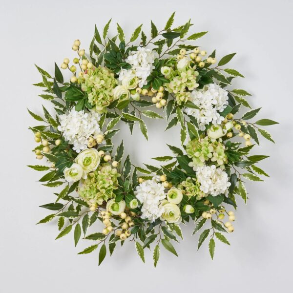 Cream and Green Hydrangea, Ranunculus, Berry Spring Summer Front Door Wreath