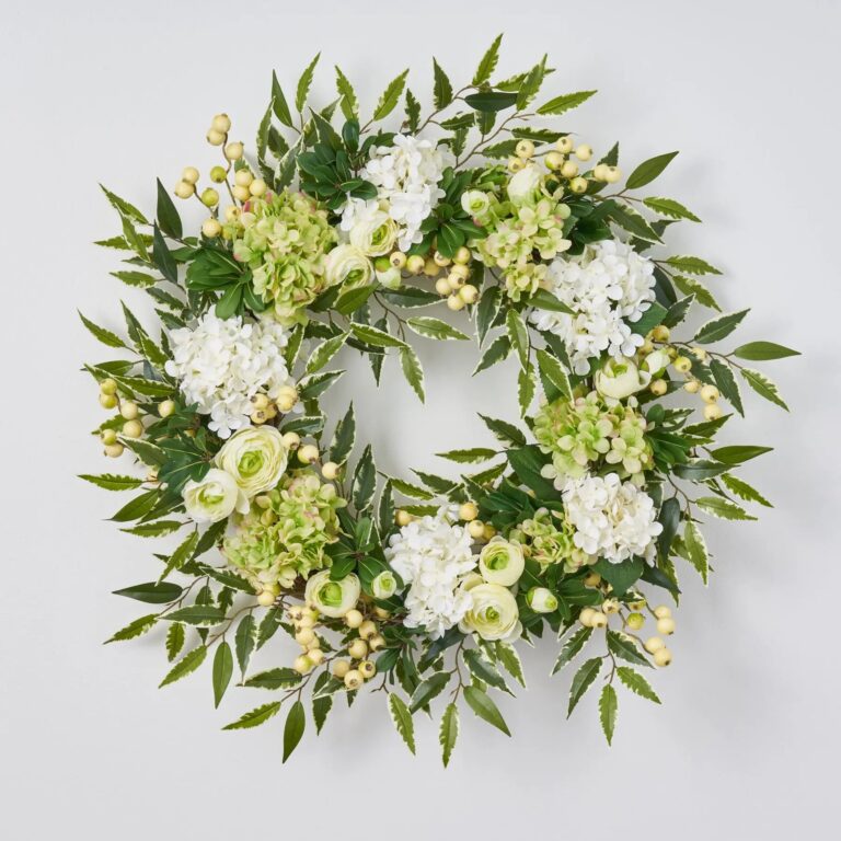 Cream and Green Hydrangea, Ranunculus, Berry Spring Summer Front Door Wreath