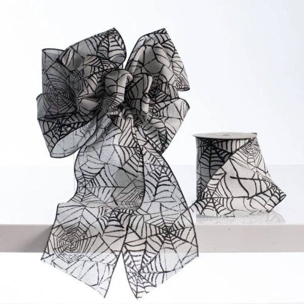 D. Stevens Black and Grey Canvas Spiderweb Halloween Wired Bow and Spool of Ribbon
