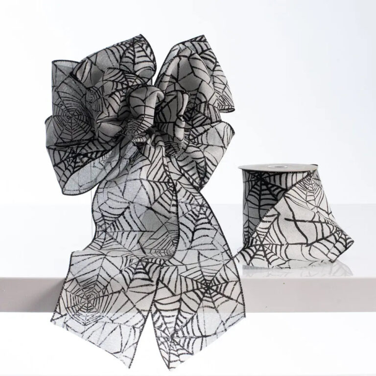 D. Stevens Black and Grey Canvas Spiderweb Halloween Wired Bow and Spool of Ribbon