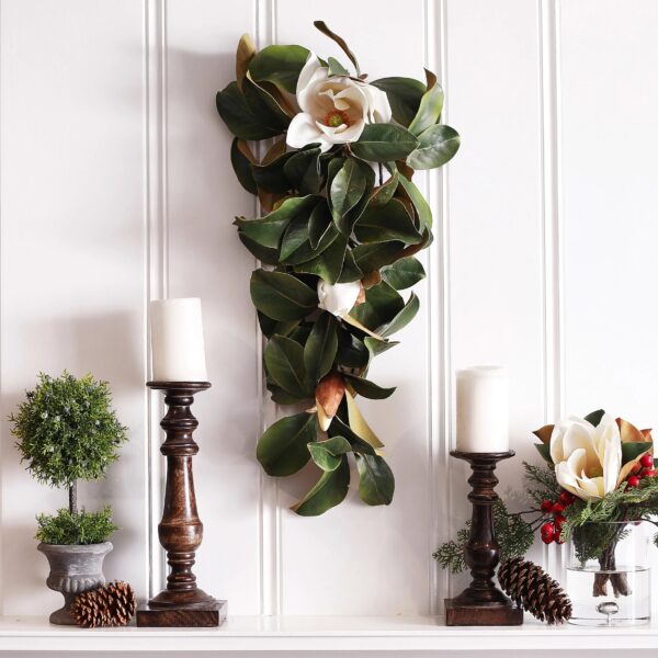 Close-up of swag tail detail on this Real Touch White Magnolia All Front Door Swag