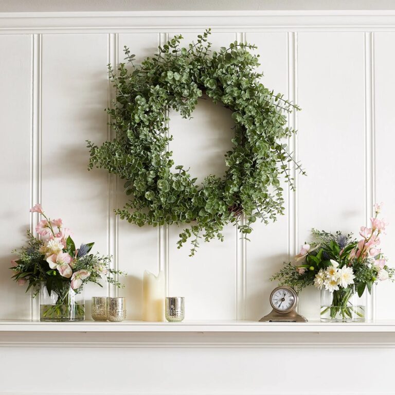 Close-up of blooms and berries on this Gray - Green Eucalyptus Everyday Front Door Wreath