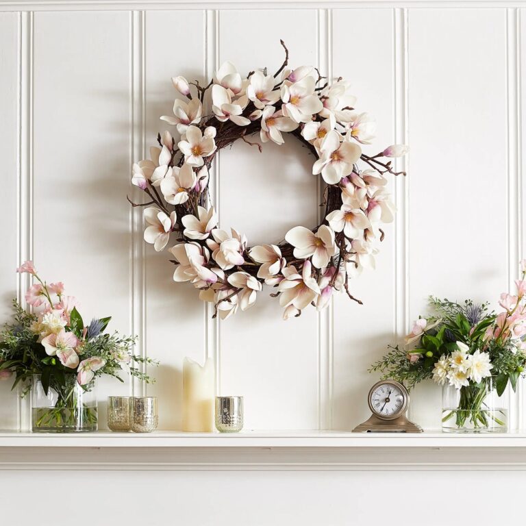 Close-up of blooms and berries on this Real Touch Japanese Cream Everyday Spring Wreath