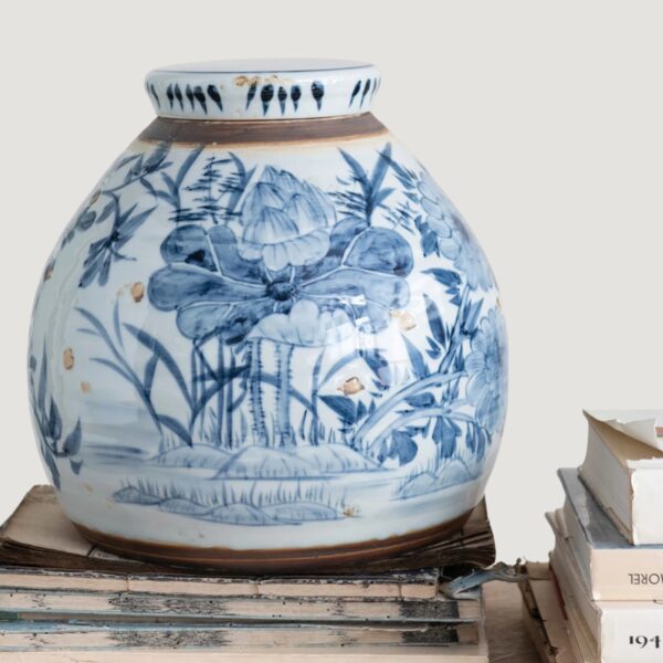 Close-up of vase silhouette detail on this Hand - Painted Blue Ginger Jar Vase